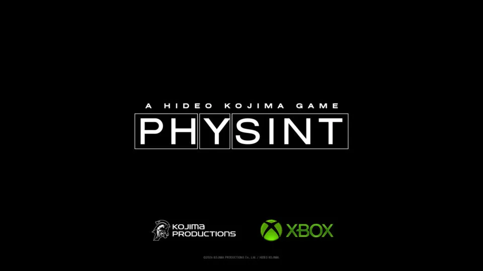 Arte preta com o logotipo de PHYSINT ao centro e, abaixo, os emblemas da Kojima Productions e do Xbox, reforçando a parceria de publicação anunciada.