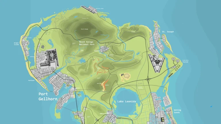 Mapa detalhado da ilha fictícia de Leonida com áreas urbanas, parques, lagos e mar ao redor, sugerindo o cenário do mundo do GTA 6.