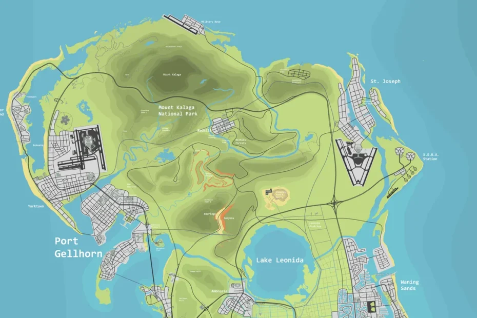 Mapa detalhado da ilha fictícia de Leonida com áreas urbanas, parques, lagos e mar ao redor, sugerindo o cenário do mundo do GTA 6.
