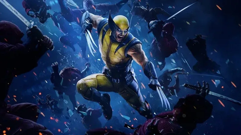 Wolverine em ação, com uniforme amarelo e preto e garras estendidas, pulando no meio de uma batalha caótica com inimigos e explosões ao redor em um cenário de combate cinematográfico