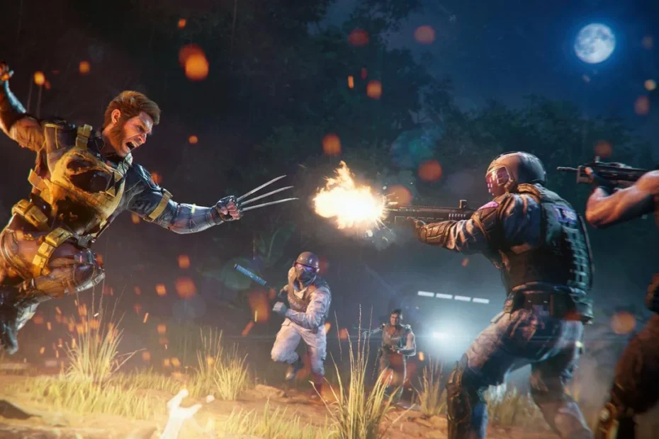 Wolverine em combate contra inimigos em um cenário industrial à noite, com explosão de luz e partículas ao redor, sugerindo efeitos de ray tracing e alta taxa de quadros no PS5.