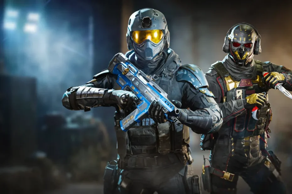 Dois soldados táticos com máscaras de caveira e capacetes, armas na mão, em um cenário futurista escuro com fumaça e iluminação contrastante, remetendo ao pack de terror no Warzone.